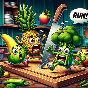 Fruits and vegetables, including the pineapple and broccoli, showing fear and panic as they flee from the cartoon-style knife in the kitchen. Sticker