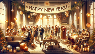 Wallpaper of indoor environment, perfect for a Happy New Year greeting, featuring a festive gathering with friends and family.