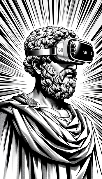 Greek philosopher statue, depicted in a style influenced by Japanese comics (manga) and wearing a VR headset.